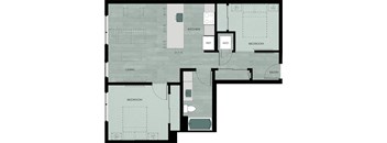 A floor plan of a house with a kitchen, living room, two bedrooms, a bathroom, and a workspace.