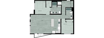 A floor plan of an apartment with a living room, kitchen, two bedrooms, a balcony, and a reference area.