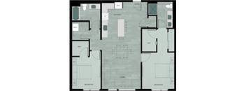 A floor plan of a house with a kitchen, living room, and two bedrooms.