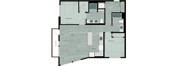 A floor plan of a house with a living room, two bedrooms, a kitchen, a bathroom, and a balcony.