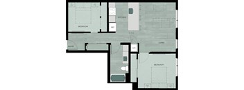 A floor plan of a house with two bedrooms, a living room, a kitchen, a bathroom, and an entry.
