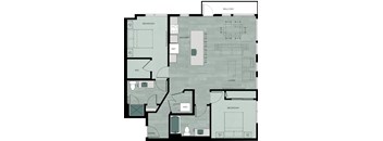 A floor plan of an apartment with a balcony, kitchen, living room, and bedrooms.
