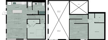 A floor plan of a house with a kitchen, living room, and two bedrooms.