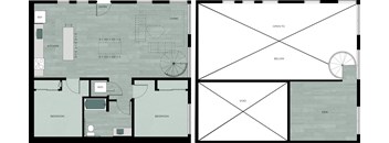 A floor plan of a house with a kitchen, living room, and two bedrooms.
