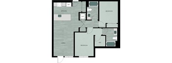 A floor plan of a house with a living room, kitchen, two bedrooms, a bathroom, and a workshop.