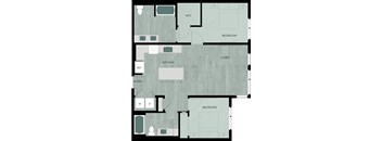 A floor plan of a house with a kitchen, living room, and two bedrooms.