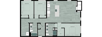 A floor plan of a house with two bedrooms, a kitchen, a balcony, a living room, a dining room, and an entry way.