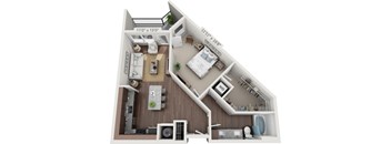A 3D floor plan of a house with a living room, kitchen, and two bedrooms.