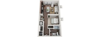 A floor plan of a small apartment with a living room, kitchen, and bathroom.