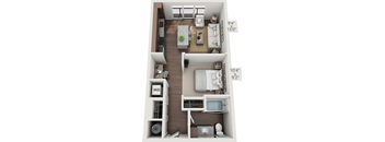 A floor plan of a small apartment with a living room, kitchen, and bathroom.