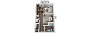 A floor plan of an apartment with a living room, kitchen, and bathroom.