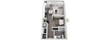 A floor plan of a small apartment with a kitchen, living room, and bathroom.
