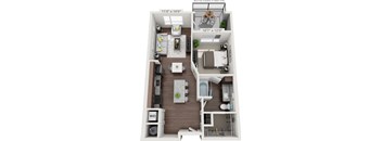 A 3D floor plan of an apartment with dimensions and balcony availability on select units.