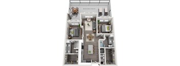 A 3D floor plan of a small apartment with a living room, kitchen, and bathroom.
