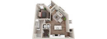 A 3D floor plan of a small apartment with a living room, kitchen, and bedroom.