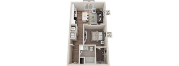 A floor plan of an apartment with a living room, kitchen, and bathroom.