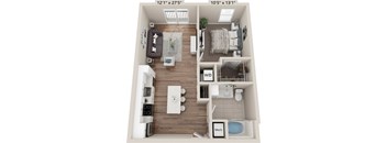 A floor plan of a small apartment with a living room, kitchen, and bathroom.