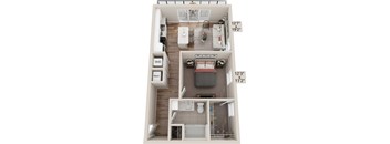 A floor plan of a small apartment with a living room, kitchen, and bathroom.