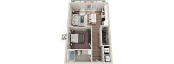 A 3D floor plan of a small apartment with a living room, kitchen, and bathroom.