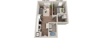 A 3D floor plan of a small apartment with a kitchen, living room, bedroom, and bathroom.