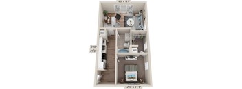 A floor plan of a small apartment with a bedroom, living room, and kitchen.