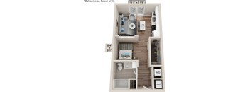 A diagram of a small apartment layout with a bedroom, living room, and bathroom.