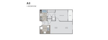 A 1 bedroom apartment floor plan with a kitchen, living room, dining room, bathroom and bedroom.
