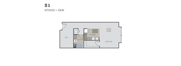 A floor plan of a studio apartment with a den, kitchen, and living/dining room.