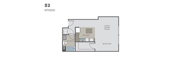 A floor plan of a studio apartment with a living/dining room, kitchen, bathroom, and bedroom.