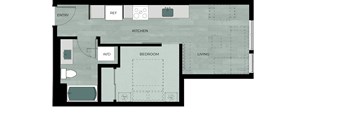 A floor plan of a house with a kitchen, living room, bedroom and a study.