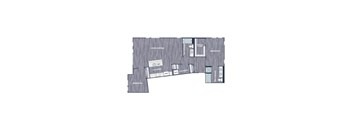 A floor plan of a house with two bedrooms, a living area, a kitchen, a laundry room, and a bathroom.