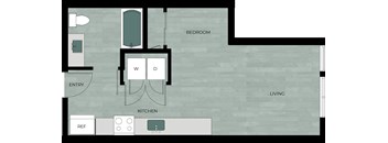 A floor plan of a small apartment with a bedroom, a kitchen, and a living room.