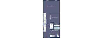A floor plan of a small apartment with a living/dining area, kitchen, bedroom, and bathroom.