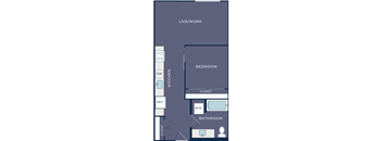 A floor plan of a small apartment with a living area, kitchen, and bathroom.