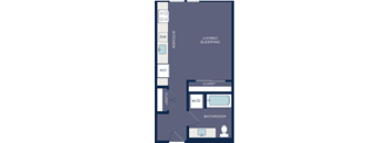A floor plan of a small apartment with a kitchen, living room, and bathroom.