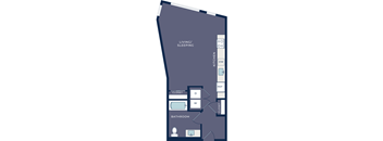 A floor plan of a home showing a kitchen, living and sleeping area, bathroom, and closets.