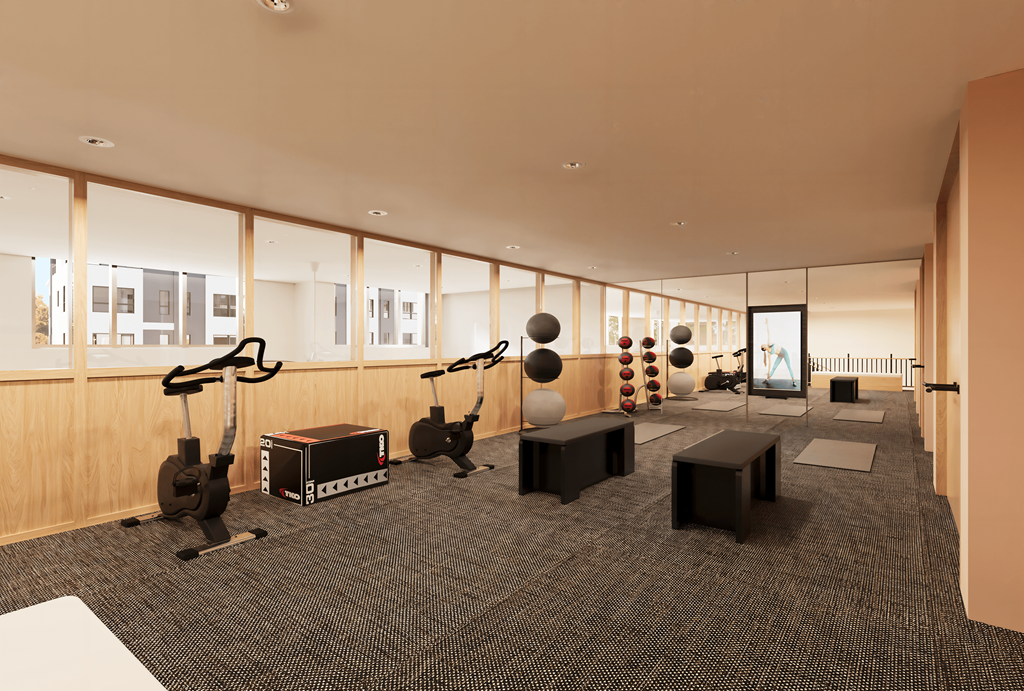 a gym with guitars and other exercise equipment in a large room