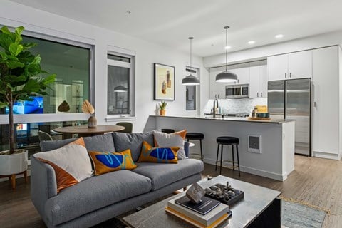 A modern living room with a grey couch and a coffee table.
