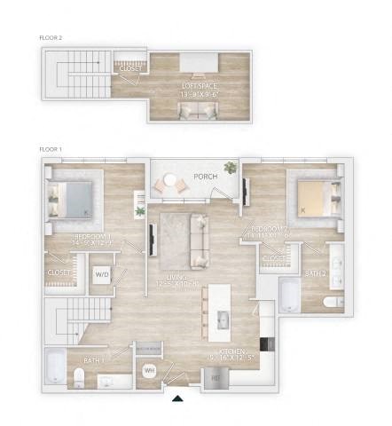 two floor plans of a house with a wooden floor