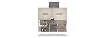 A 3D floor plan of a small apartment with a living room, bedroom, kitchen, and bathroom.
