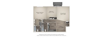 A 3D floor plan of a house with a master bedroom, a living room, a kitchen, a dining room, and two bathrooms.
