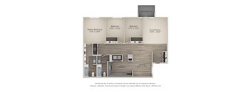 A floor plan of a house with a master bedroom, two bedrooms, a living room, a dining room, a kitchen, and two bathrooms.