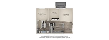 A floor plan of a home with a master bedroom, living room, patio, and kitchen.