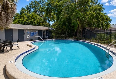 A small pool with a white border and a black fence.