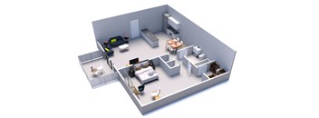 this is an illustration of a 3d floor plan with a bedroom and living room