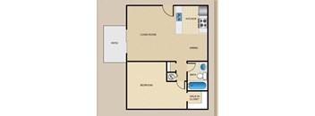 A floor plan of a house with a living room, dining area, kitchen, bedroom, bathroom, and walk-in closet.