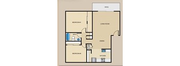 A floor plan of a house with two bedrooms, a living room, a dining area, a kitchen, and a bathroom.