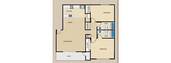 A floor plan of a house with a kitchen, dining area, living room, two bedrooms, and a bathroom.