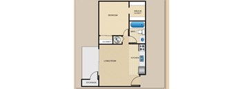A floor plan of a small apartment with a bedroom, living room, kitchen, and storage.