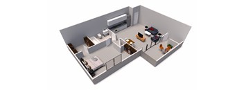 an overhead view of a 3d floor plan of a bedroom and living room